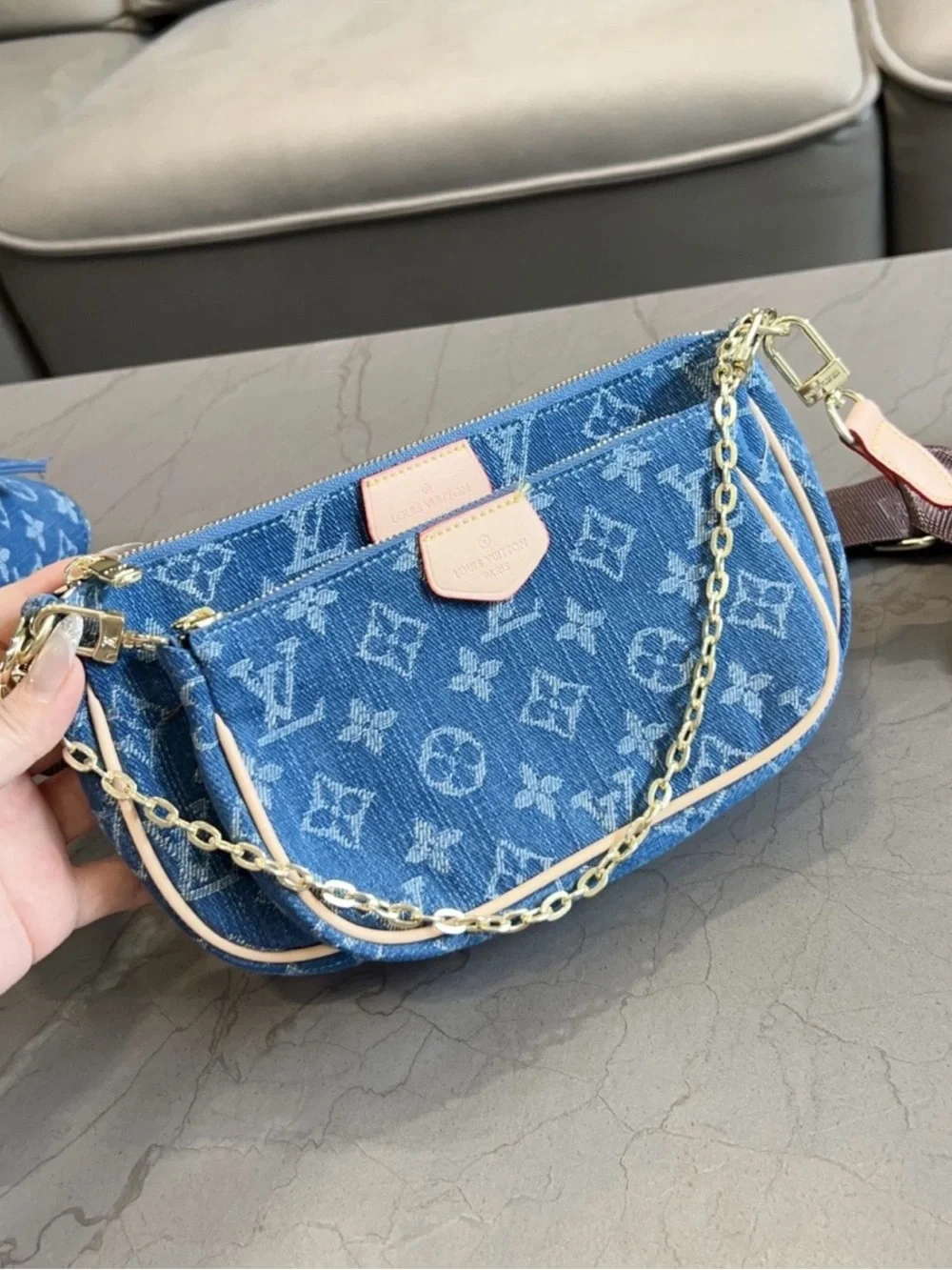 LUXURY~Blue Denim Crossbody Bag with Gold Chain & monogram wallet/change purse